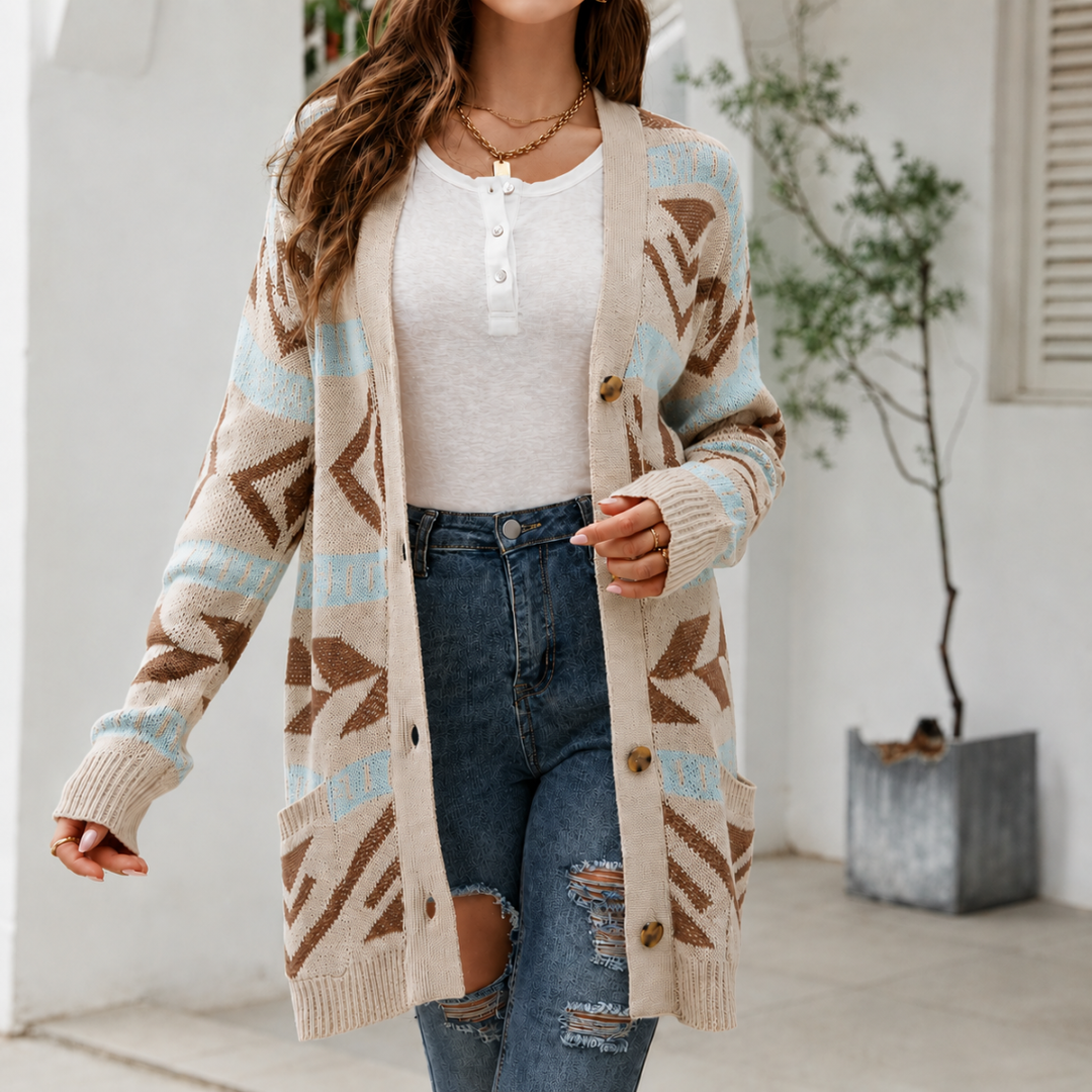 Patterned Longline Knit Cardigan for Women Button Front Pockets