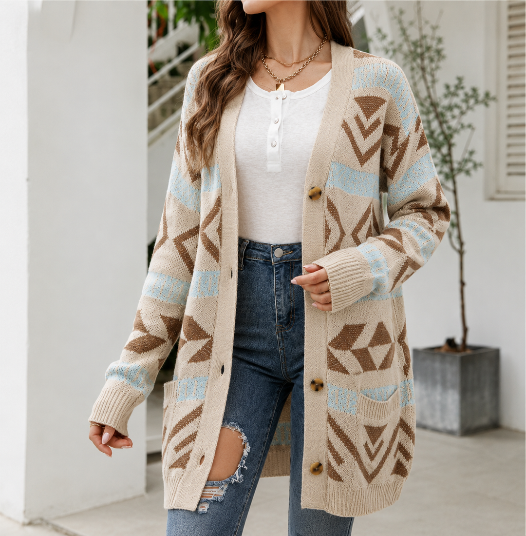 Patterned Longline Knit Cardigan for Women Button Front Pockets