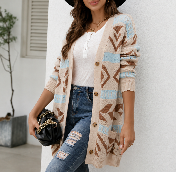 Patterned Longline Knit Cardigan for Women Button Front Pockets