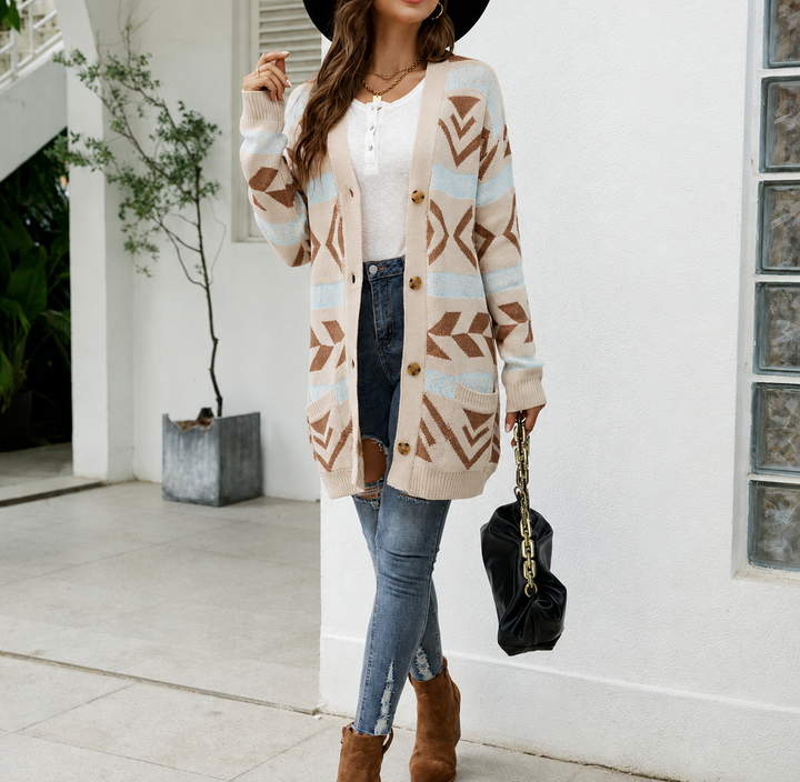 Patterned Longline Knit Cardigan for Women Button Front Pockets