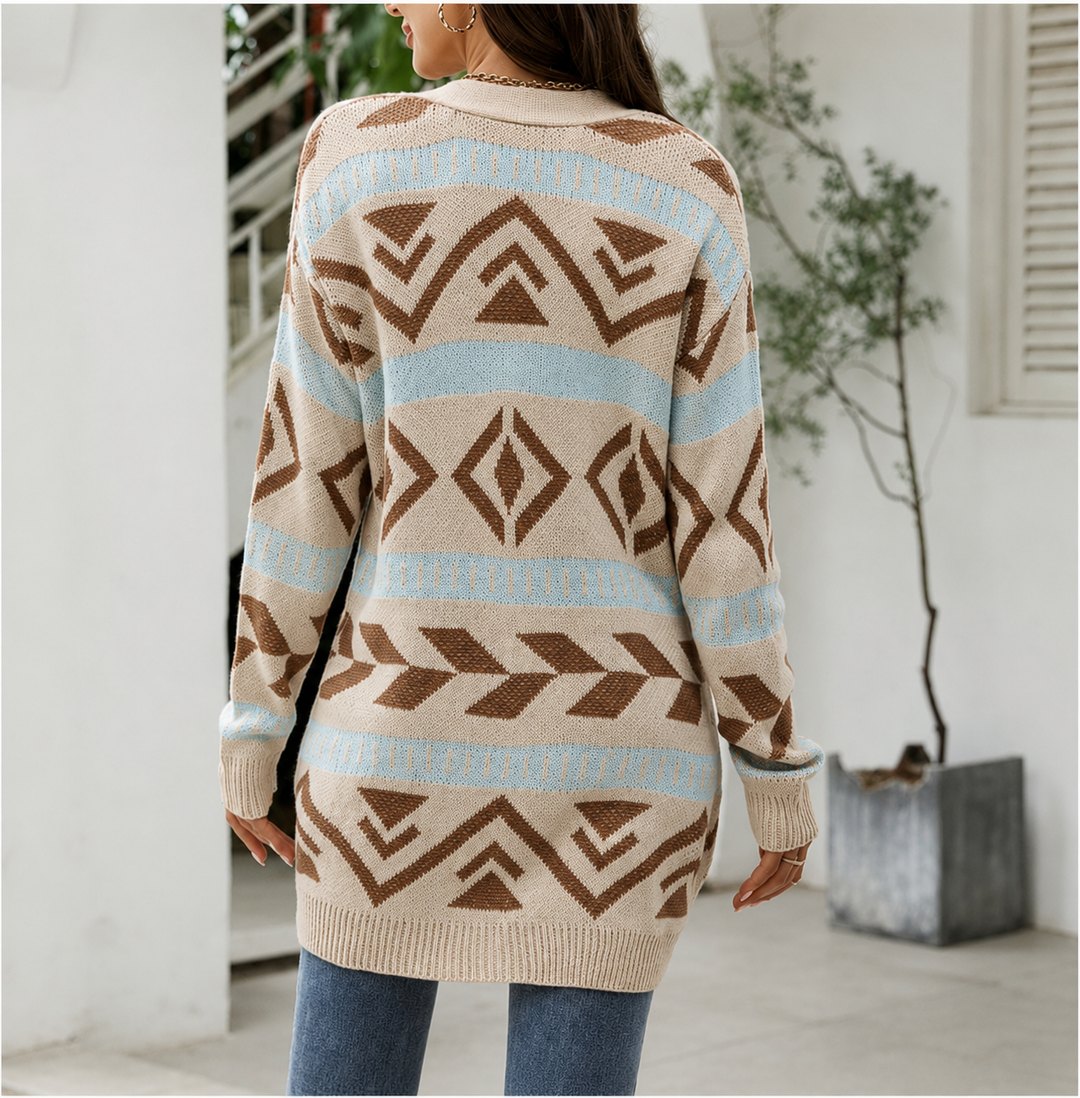 Patterned Longline Knit Cardigan for Women Button Front Pockets