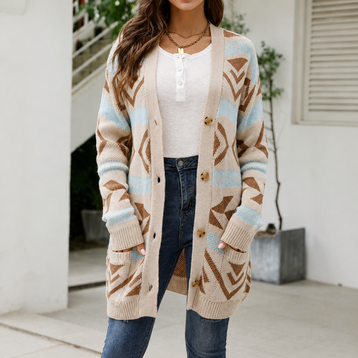 Patterned Longline Knit Cardigan for Women Button Front Pockets