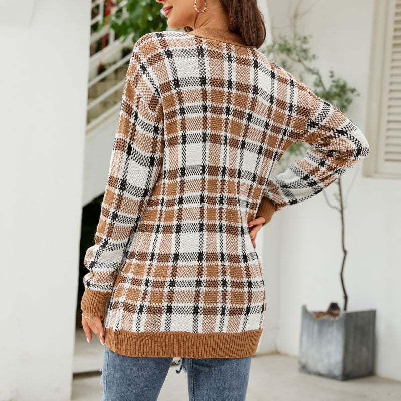 Patterned Longline Knit Cardigan for Women Button Front Pockets