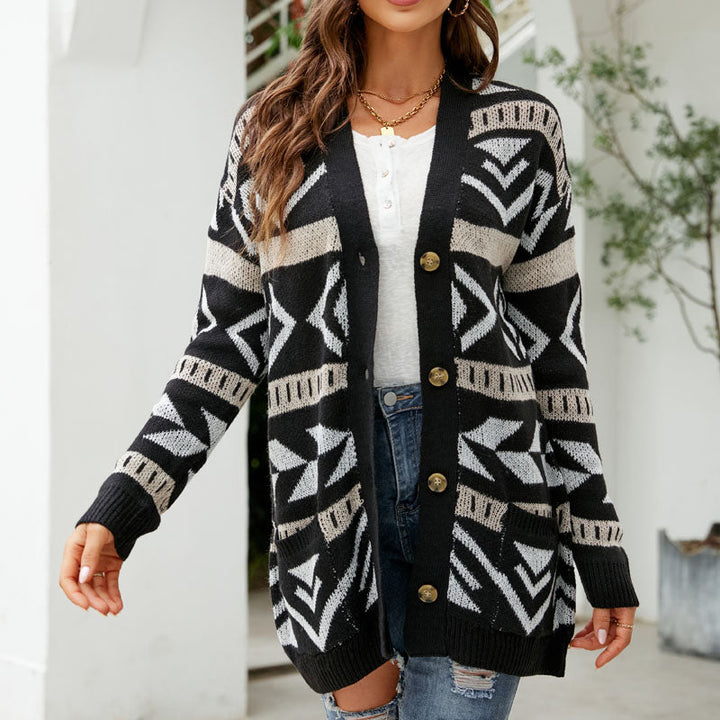 Patterned Longline Knit Cardigan for Women Button Front Pockets