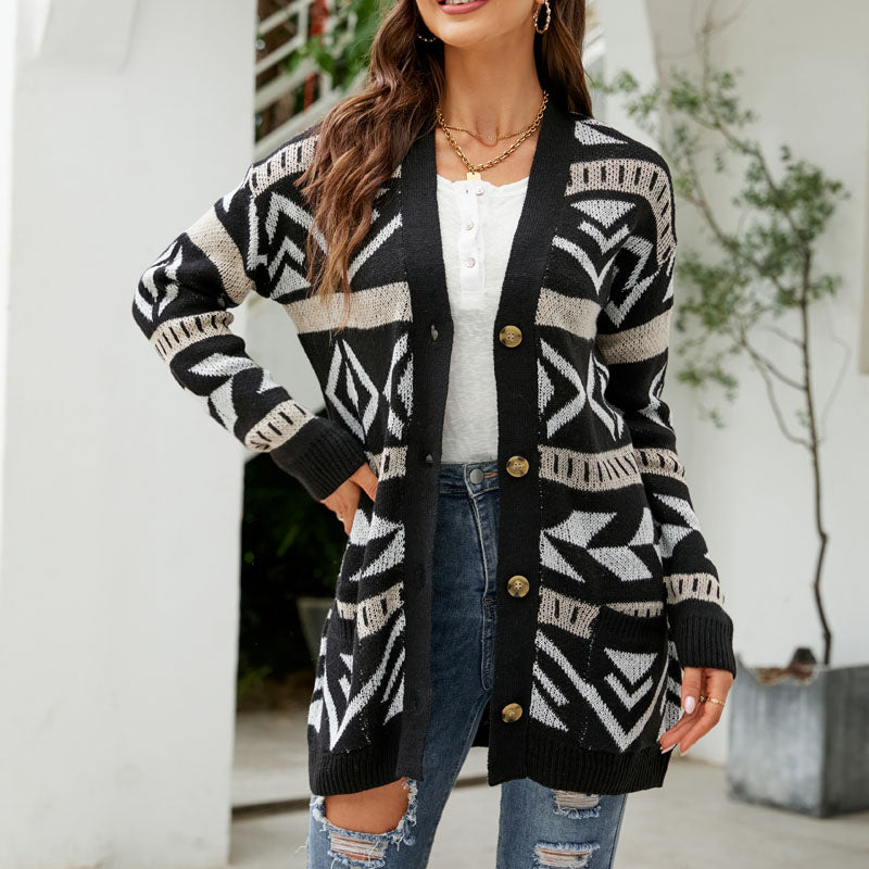Patterned Longline Knit Cardigan for Women Button Front Pockets