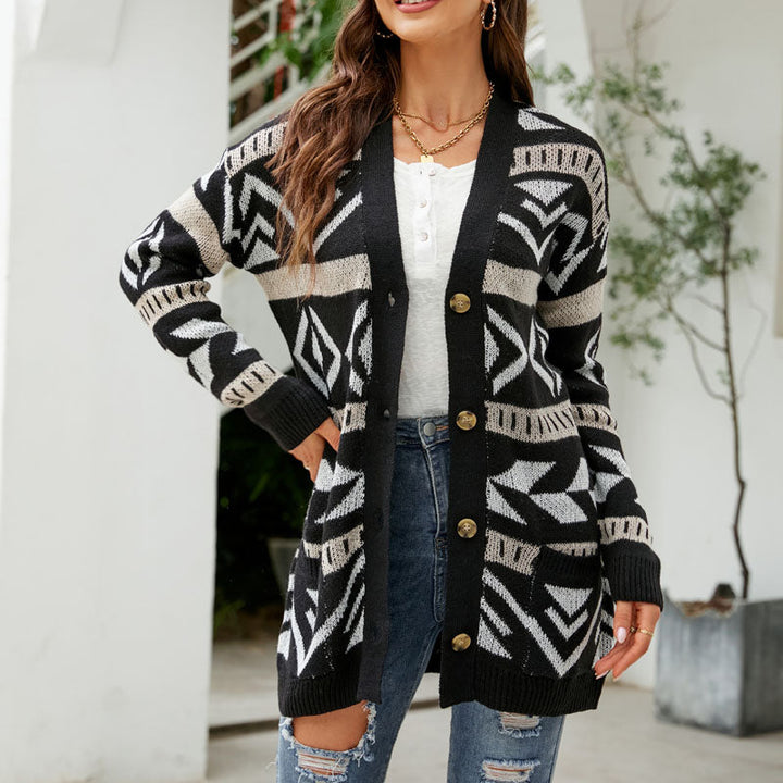 Patterned Longline Knit Cardigan for Women Button Front Pockets