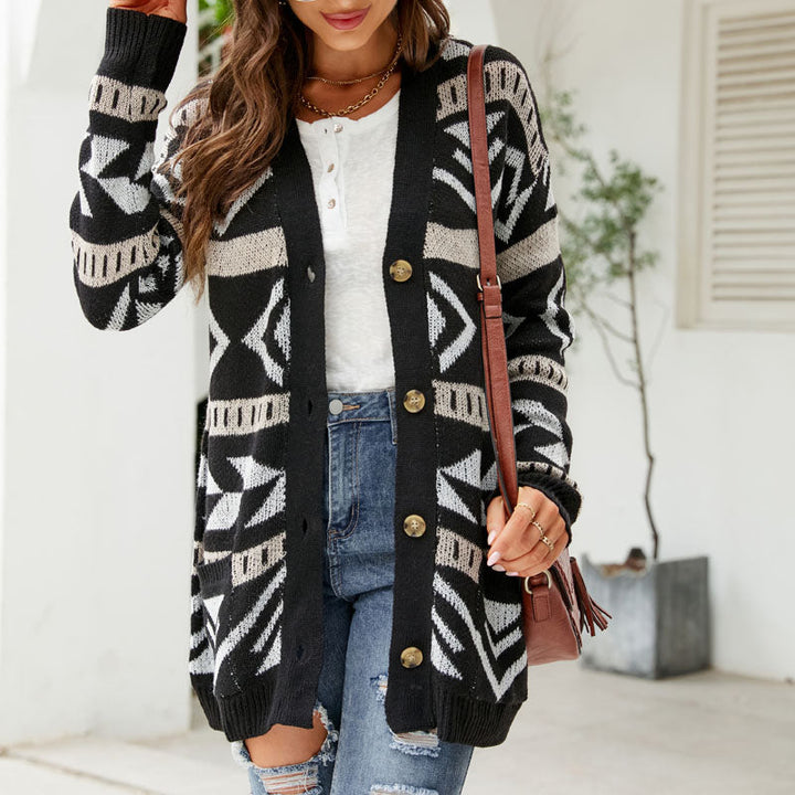 Patterned Longline Knit Cardigan for Women Button Front Pockets