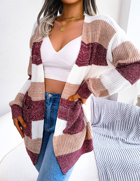Colour Block Stripe Knit Cardigan for Women Open Front Long Sleeve