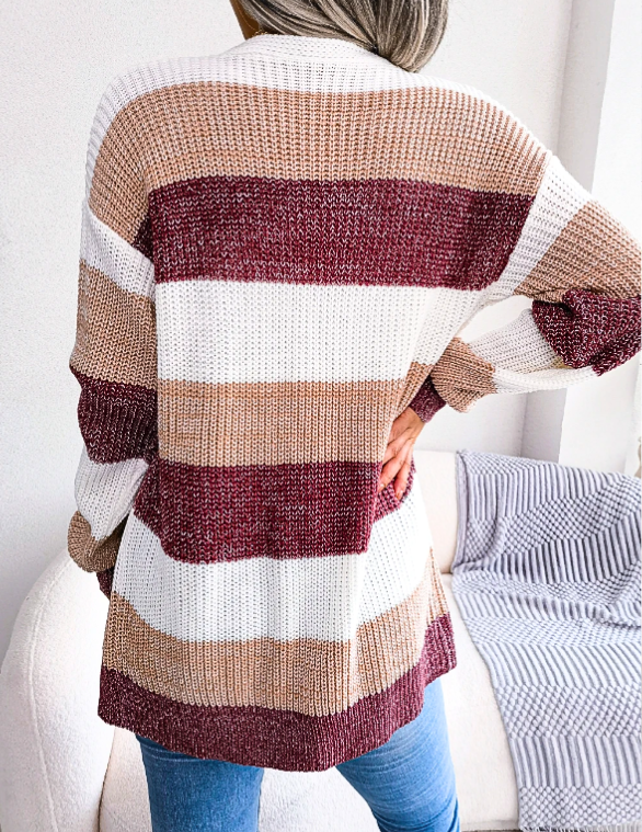 Colour Block Stripe Knit Cardigan for Women Open Front Long Sleeve