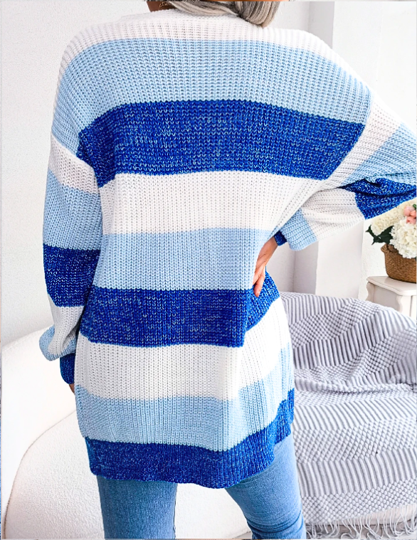 Colour Block Stripe Knit Cardigan for Women Open Front Long Sleeve