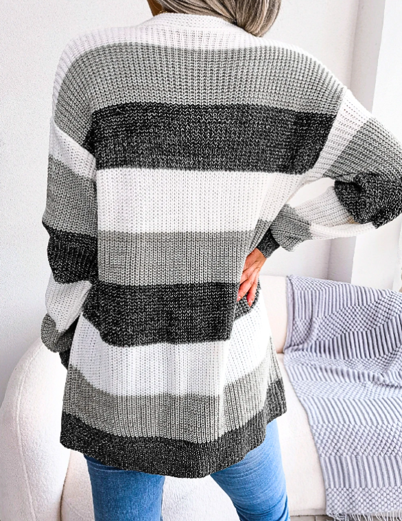 Colour Block Stripe Knit Cardigan for Women Open Front Long Sleeve