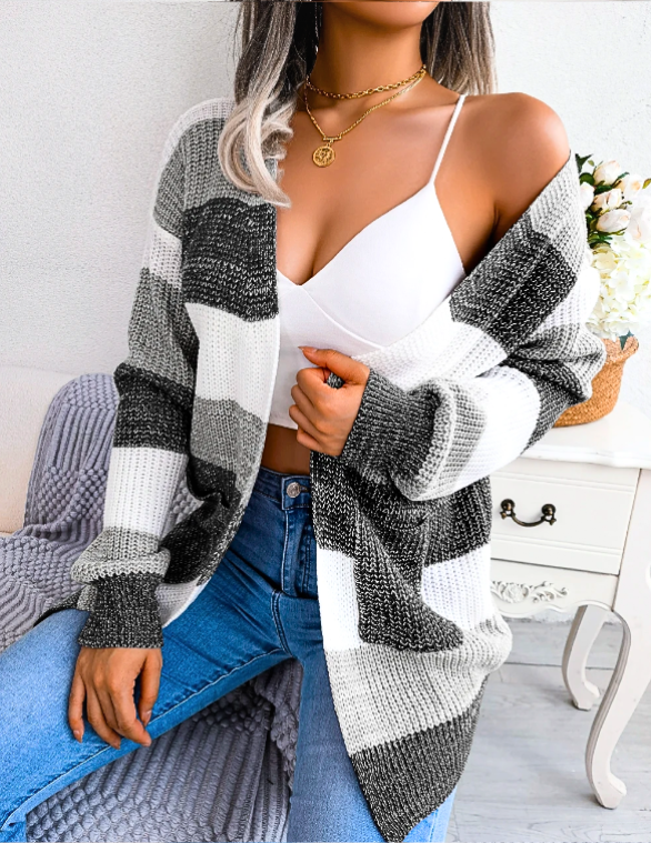 Colour Block Stripe Knit Cardigan for Women Open Front Long Sleeve