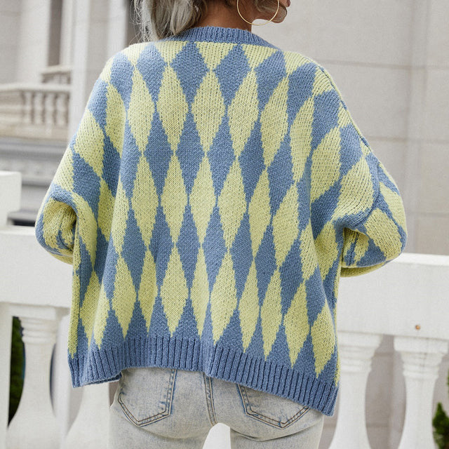 Diamond Pattern Knit Cardigan for Women Button Up Long Sleeve