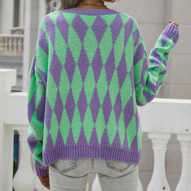 Diamond Pattern Knit Cardigan for Women Button Up Long Sleeve