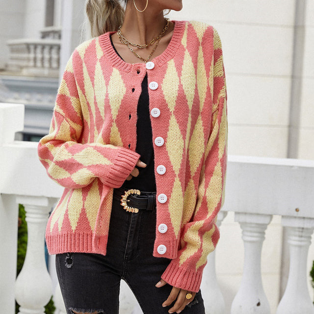 Diamond Pattern Knit Cardigan for Women Button Up Long Sleeve