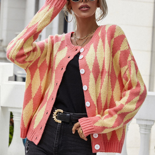 Diamond Pattern Knit Cardigan for Women Button Up Long Sleeve