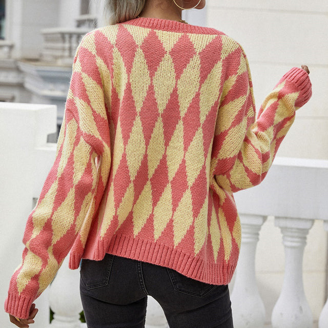 Diamond Pattern Knit Cardigan for Women Button Up Long Sleeve