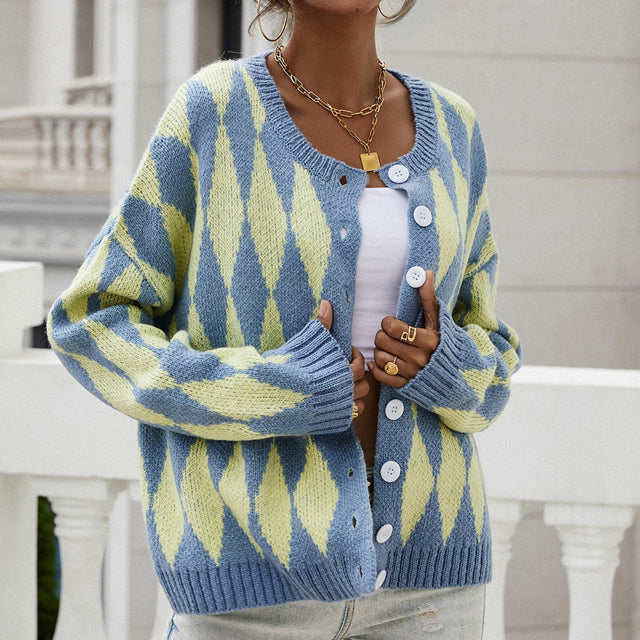 Diamond Pattern Knit Cardigan for Women Button Up Long Sleeve
