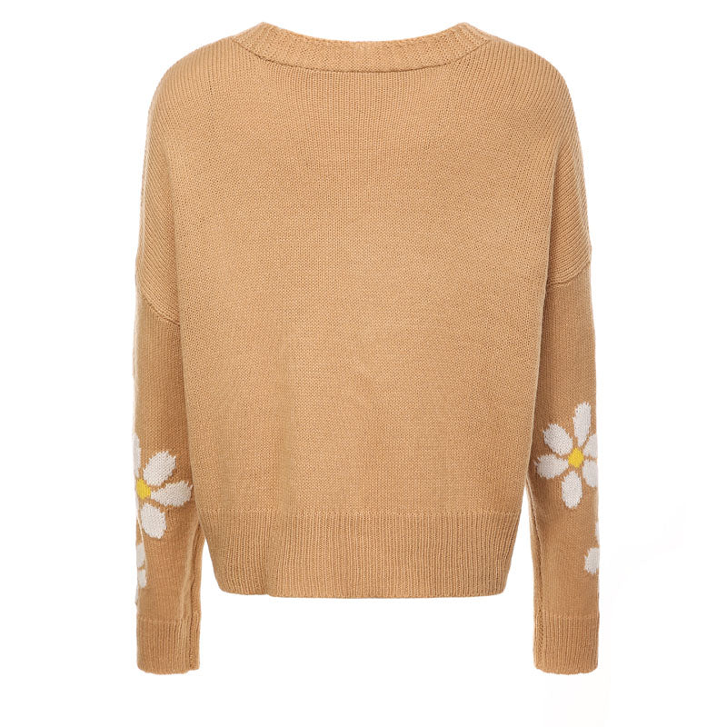 Floral Knit Cardigan for Women Button Up V Neck Cropped