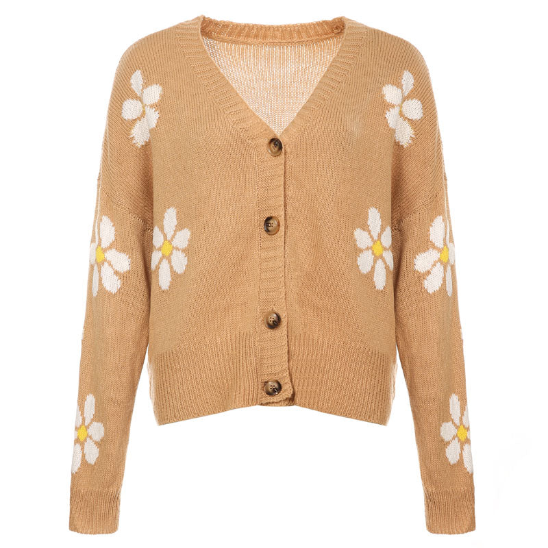 Floral Knit Cardigan for Women Button Up V Neck Cropped