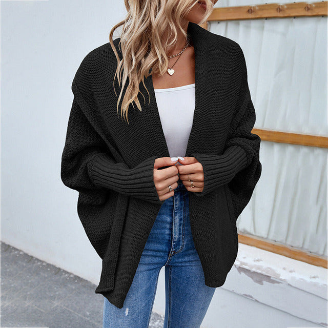 Shawl Collar Oversized Knit Cardigan for Women Batwing Sleeve