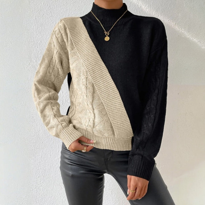 Colour Block Mock Neck Jumper for Women - Beige