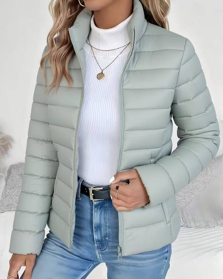 Lightweight Puffer Jacket for Women - Stand Collar Zip Up Coat