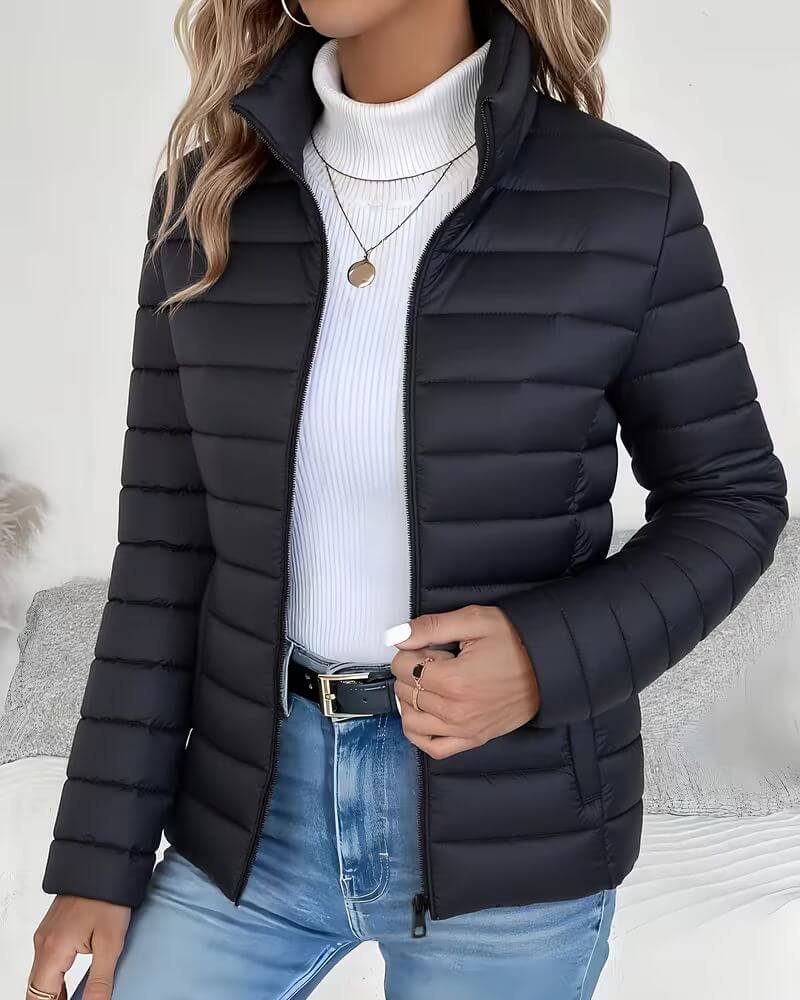 Lightweight Puffer Jacket for Women - Stand Collar Zip Up Coat
