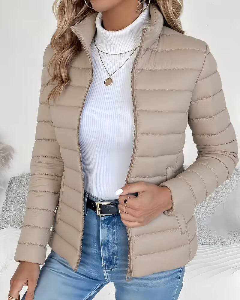 Lightweight Puffer Jacket for Women - Stand Collar Zip Up Coat