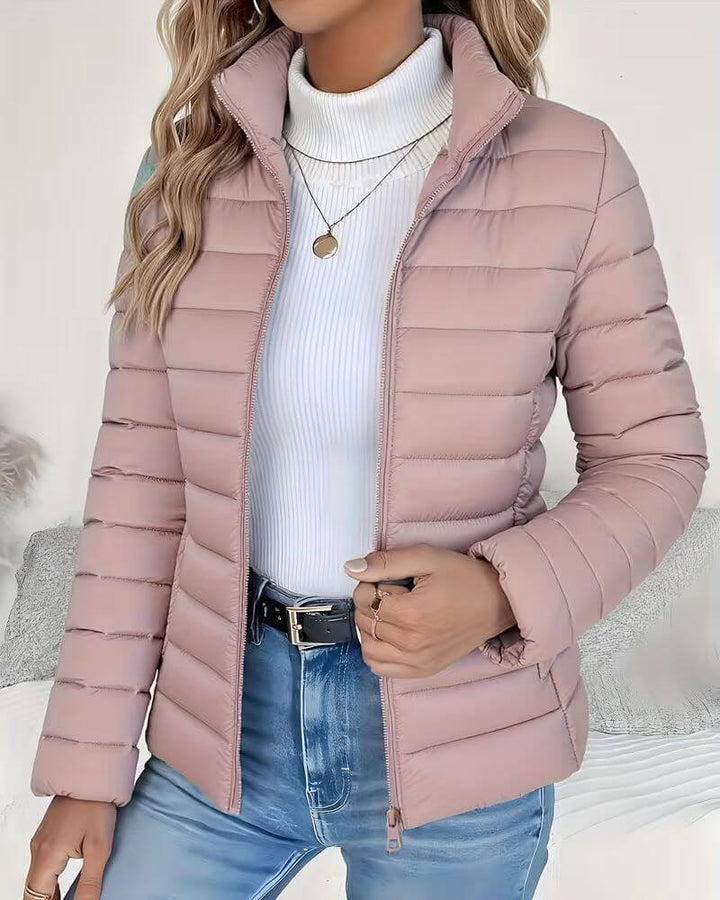 Cropped Puffer Jacket for Women - High Neck Quilted Zip Up Jacket