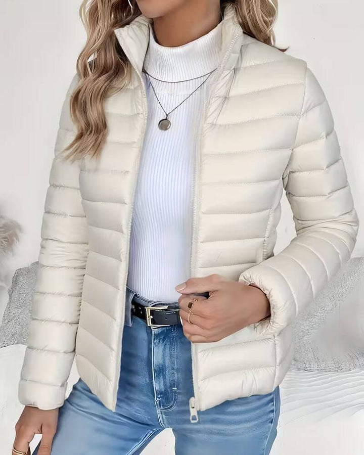 Cropped Puffer Jacket for Women - High Neck Quilted Zip Up Jacket