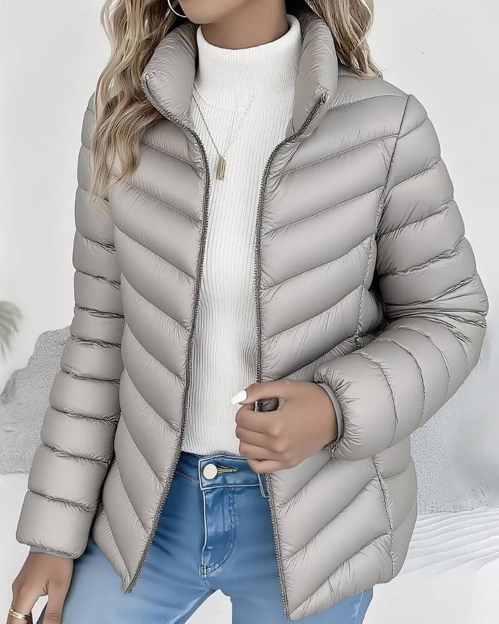 Cropped Puffer Jacket for Women - High Neck Quilted Zip Up Jacket