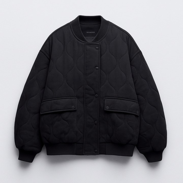 Oversized Quilted Bomber Jacket for Women - Black