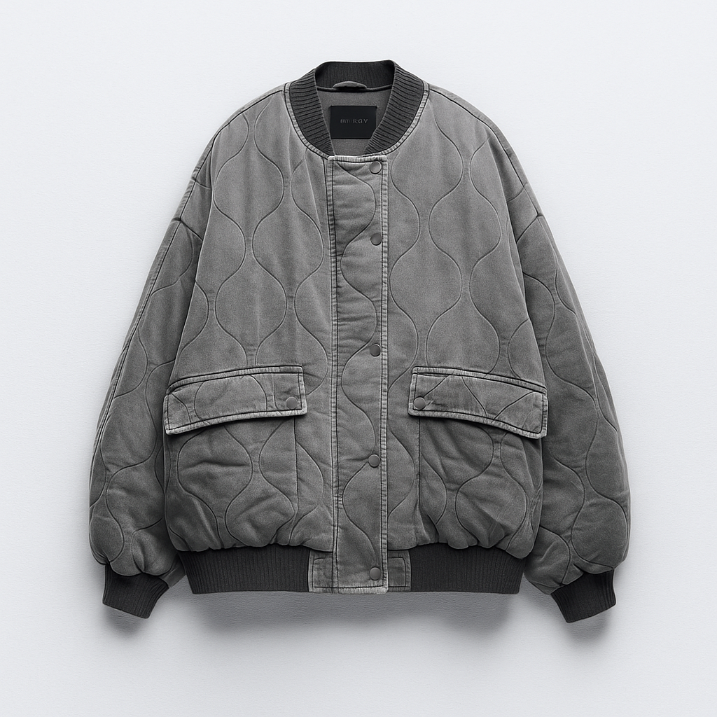 Oversized Quilted Bomber Jacket for Women - Grey