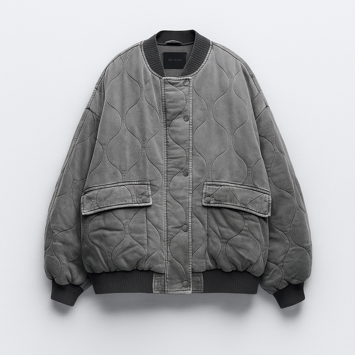 Oversized Quilted Bomber Jacket for Women - Grey