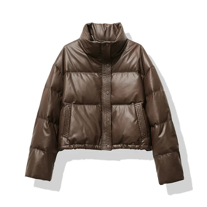 Cropped Puffer Jacket for Women - Brown