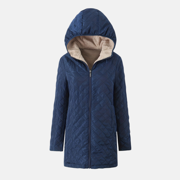 Longline Hooded Quilted Jacket for Women - Blue