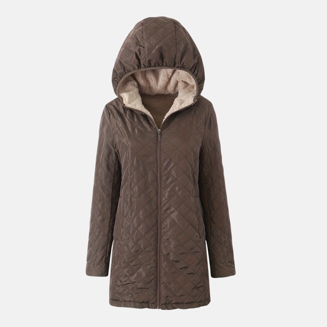 Longline Hooded Quilted Jacket for Women - Brown