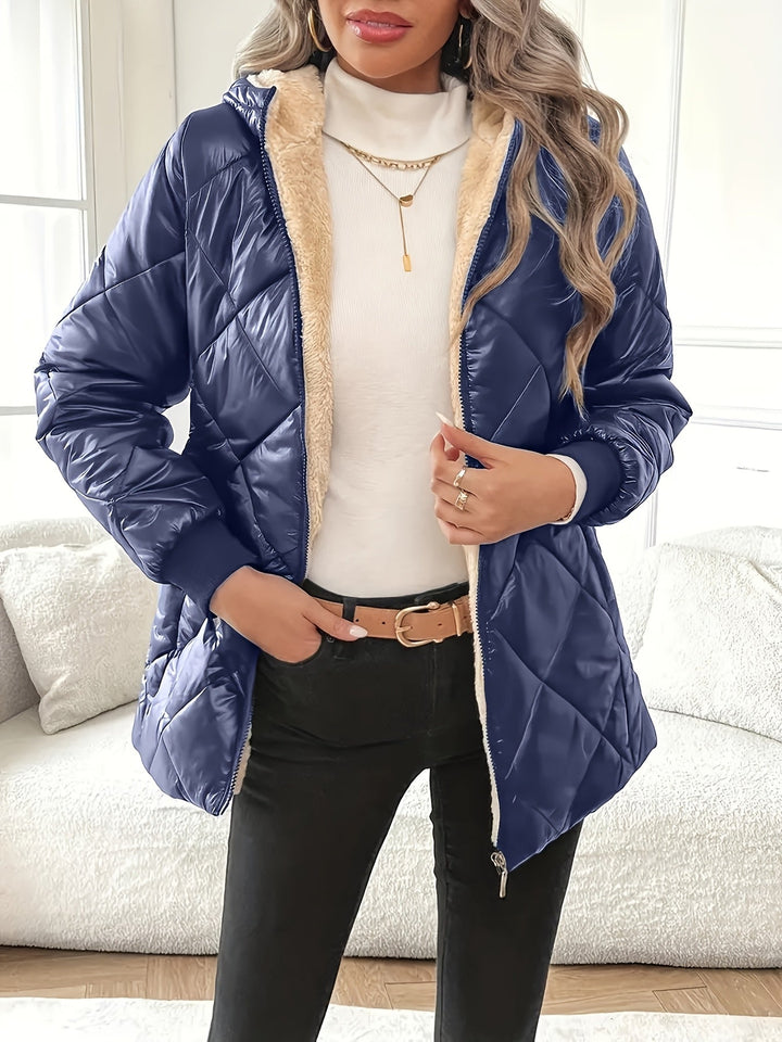 Glossy Quilted Puffer Jacket for Women - Blue