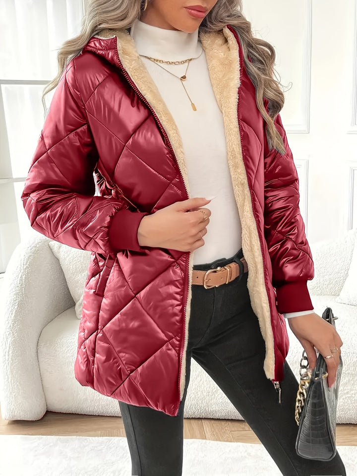 Glossy Quilted Puffer Jacket for Women - Red