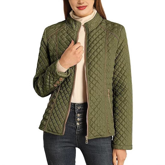 Stand Collar Quilted Jacket for Women - Army Green