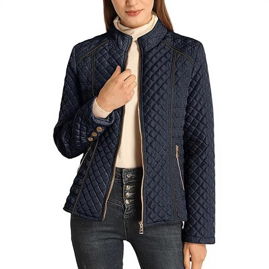 Stand Collar Quilted Jacket for Women - Navy Blue