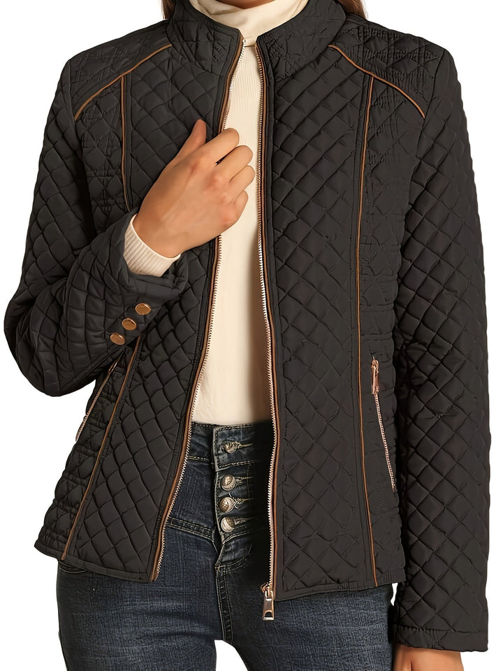 Stand Collar Quilted Jacket for Women - Black