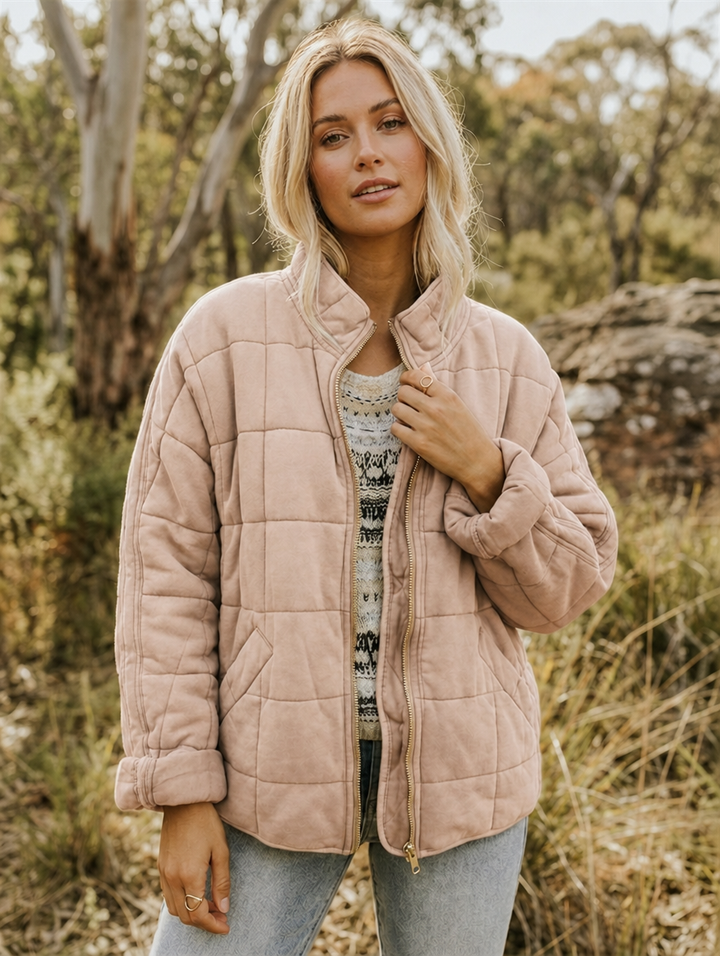 Zip Front Quilted Jacket for Women - Pink