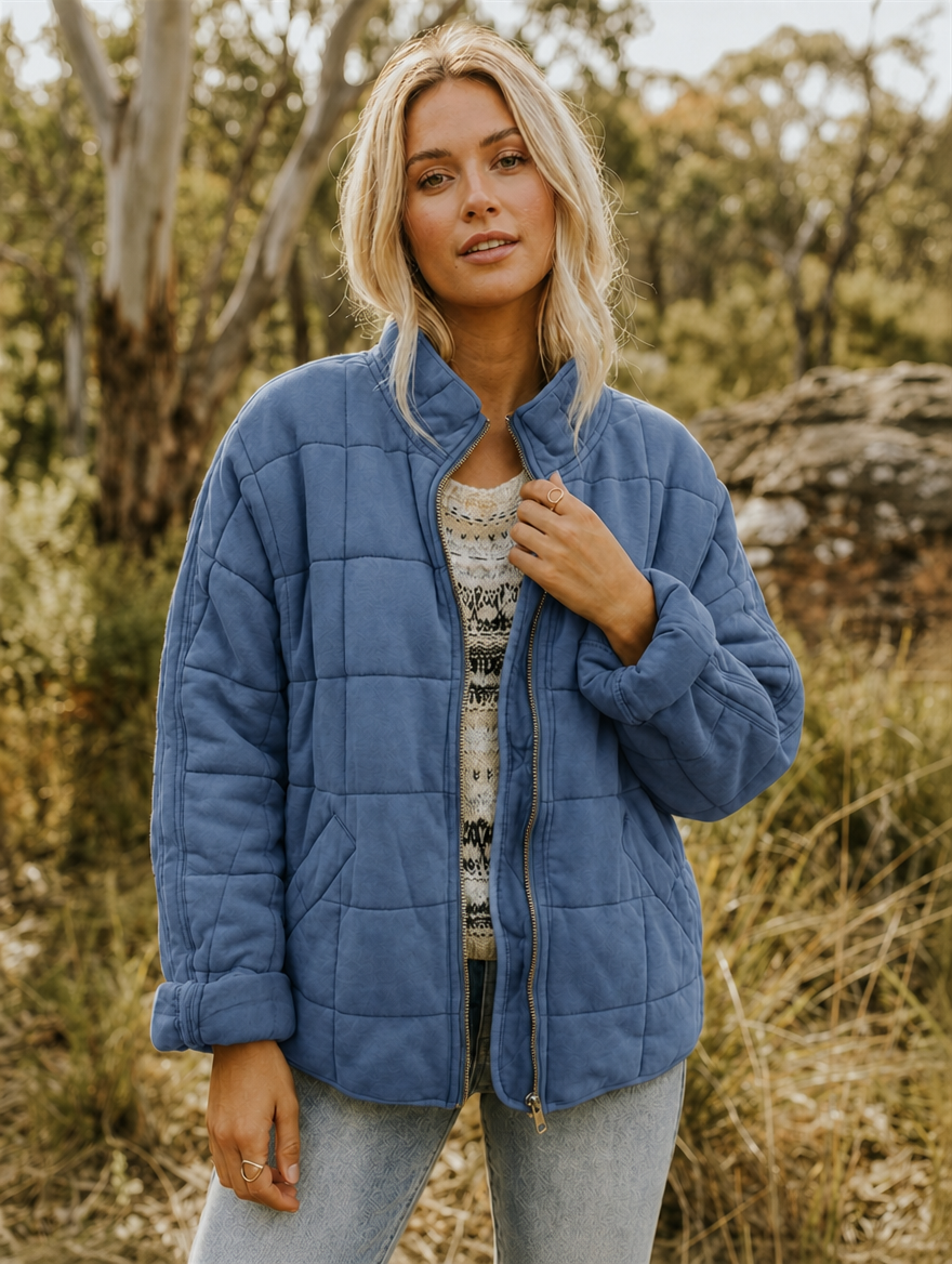 Zip Front Quilted Jacket for Women - Blue
