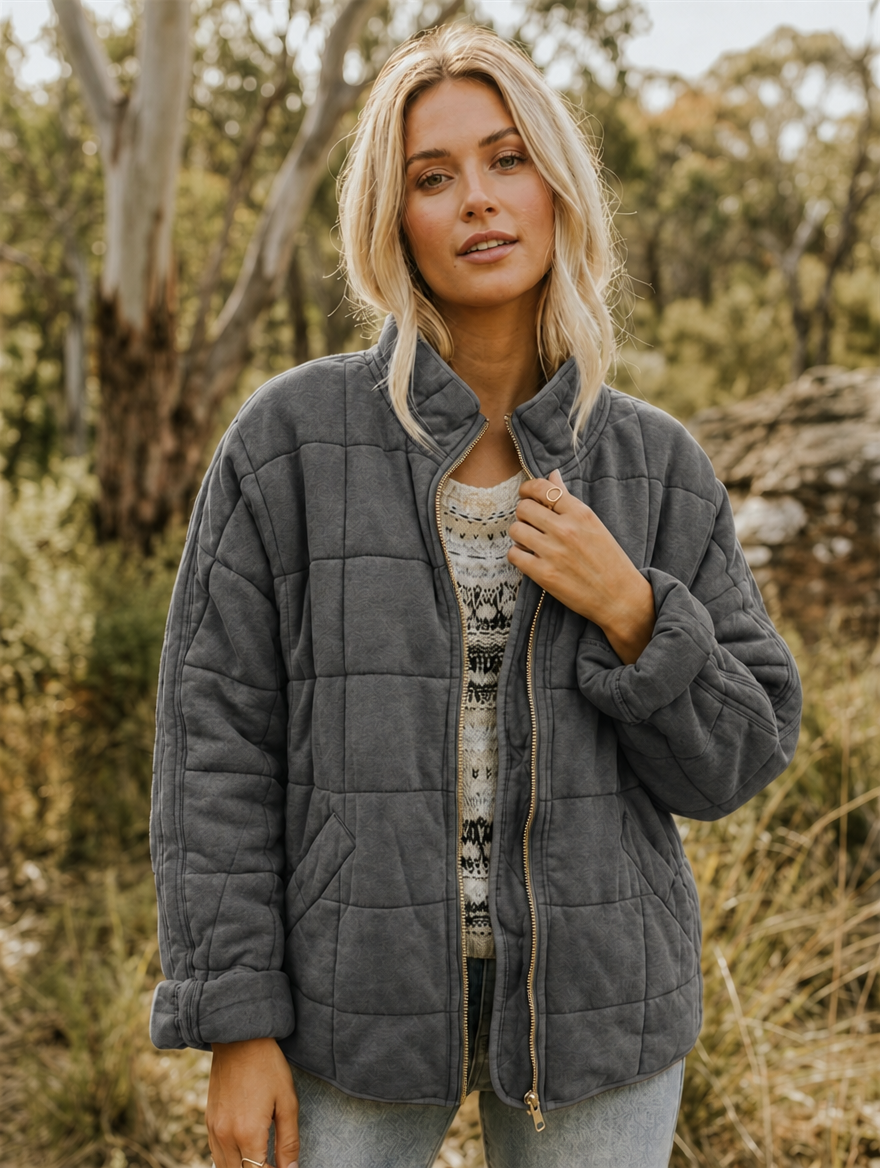 Zip Front Quilted Jacket for Women - Dark Grey