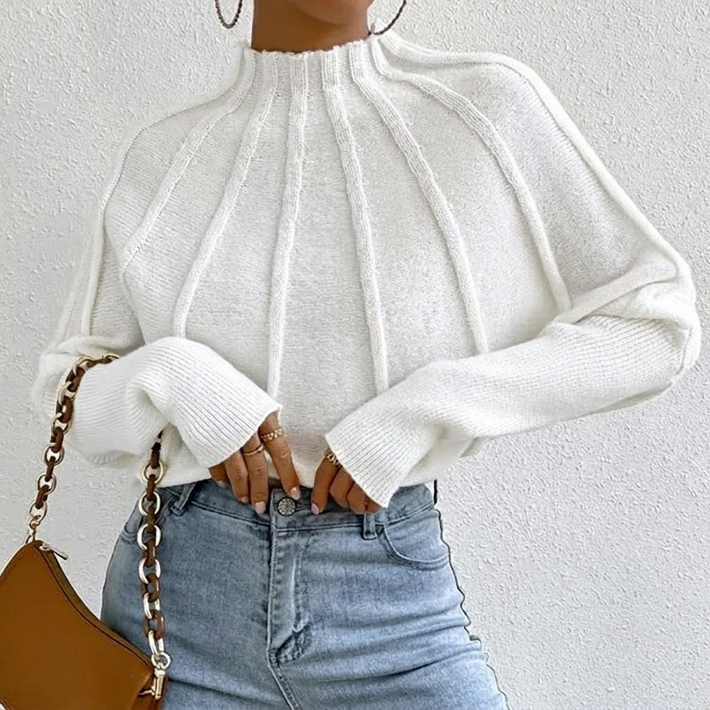 Sunburst Seam Mock Neck Jumper for Women - White