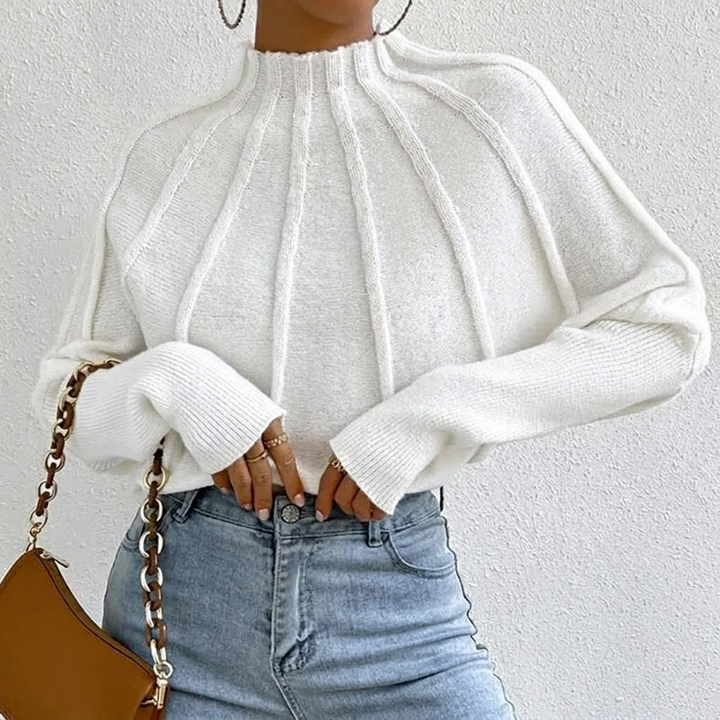 Sunburst Seam Mock Neck Jumper for Women - White