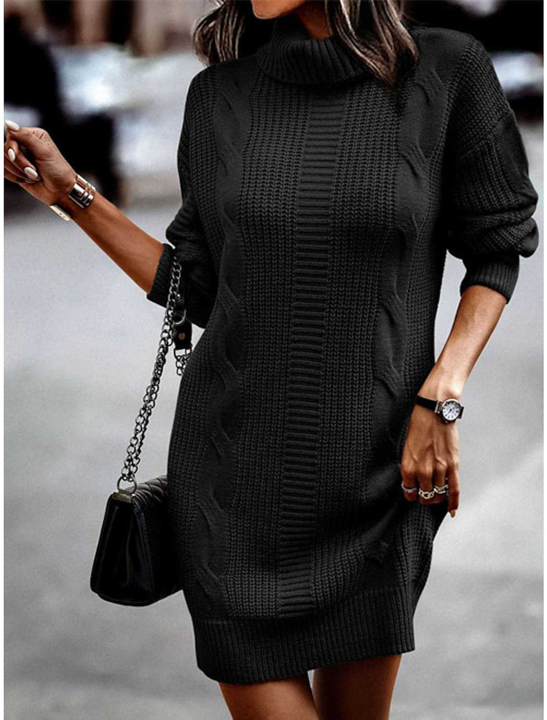 Cable knit turtleneck sweater dress for women